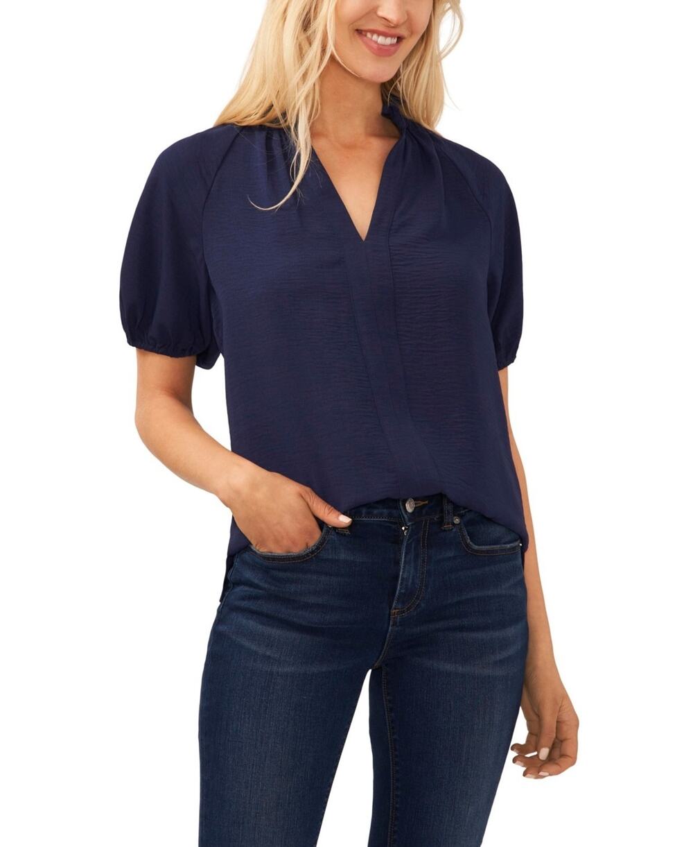 CeCe Women's Short Sleeve Ruffle Blouse Navy Size S 0594